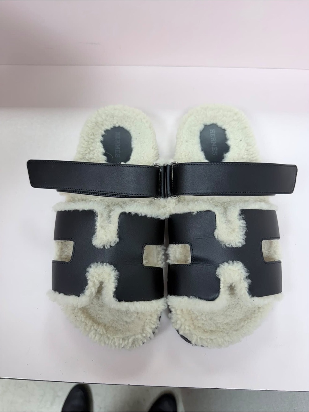 Hermes Black Leather Shearling Slide Sandals
